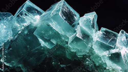 Close up shot detailed aquamarine crystal mineral stone. shiny surface of precious stone mineral crystals in the natural environment photo