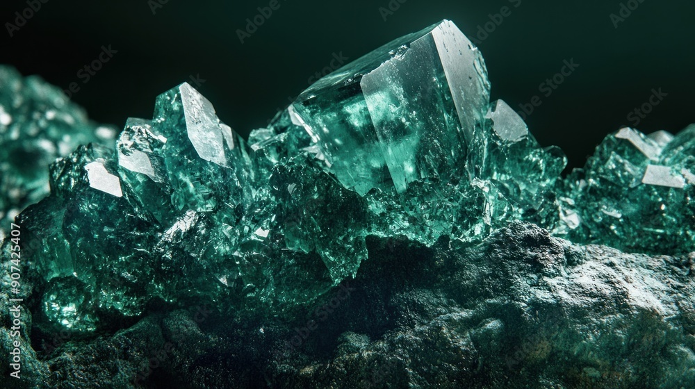 Obraz premium Close up shot detailed aquamarine crystal mineral stone. shiny surface of precious stone mineral crystals in the natural environment