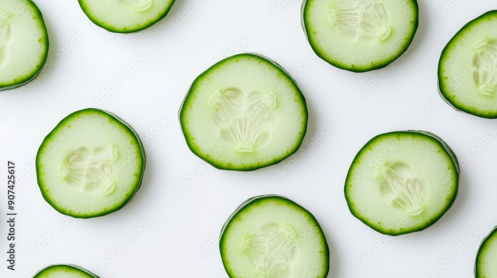 Neatly sliced cucumber rounds, arranged in a cascading pattern. Each slice's refreshing green and the skin's texture detailed on a white backdrop Neatly sliced cucumber rounds, arranged in a cascading pattern. Each slice's refreshing green and the skin's texture detailed on a white backdrop
