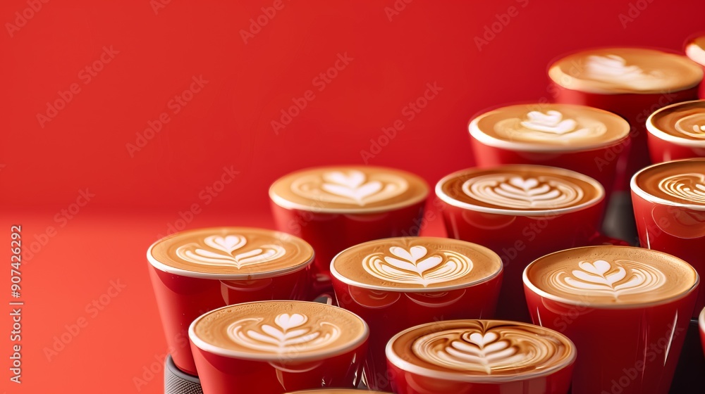 Rows of latte art in red cups against a red background, showcasing intricate designs and rich coffee. Rows of latte art in red cups against a red background, showcasing intricate designs and rich coffee.