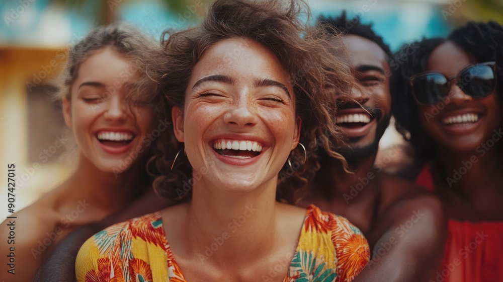 Fototapeta premium A joyful, diverse group of people hugging each other, their smiles and laughter highlighting the joy of togetherness and cultural diversity