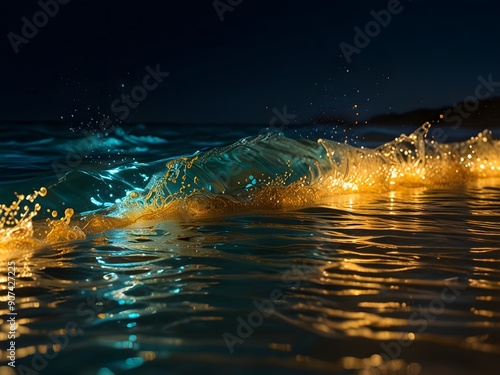 sea water with waves and golden moon lights, illuminated water in night 