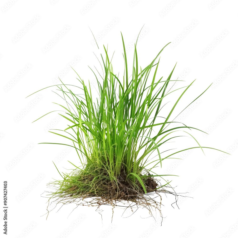 Obraz premium Fresh Green Grass Clump with Roots Isolated on White Background for Nature and Gardening Concepts