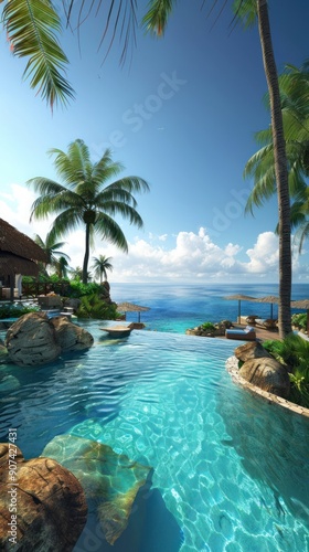 Tranquil infinity pool overlooking turquoise ocean.