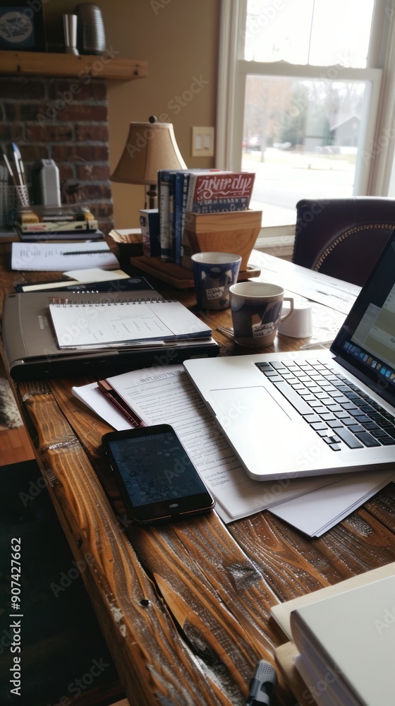 Working from home office with laptop, phone, and coffee. Working from home office with laptop, phone, and coffee.