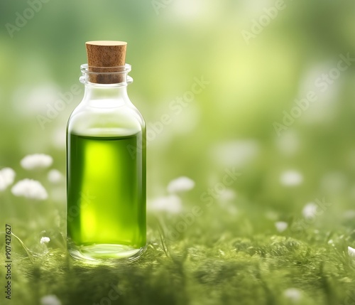 glass bottle green essential oils natural herbal oil perfume container with cork on grass meadow. 3d render. ai generative