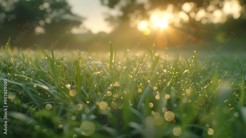 Naklejka premium Dew Drops on Grass at Sunrise