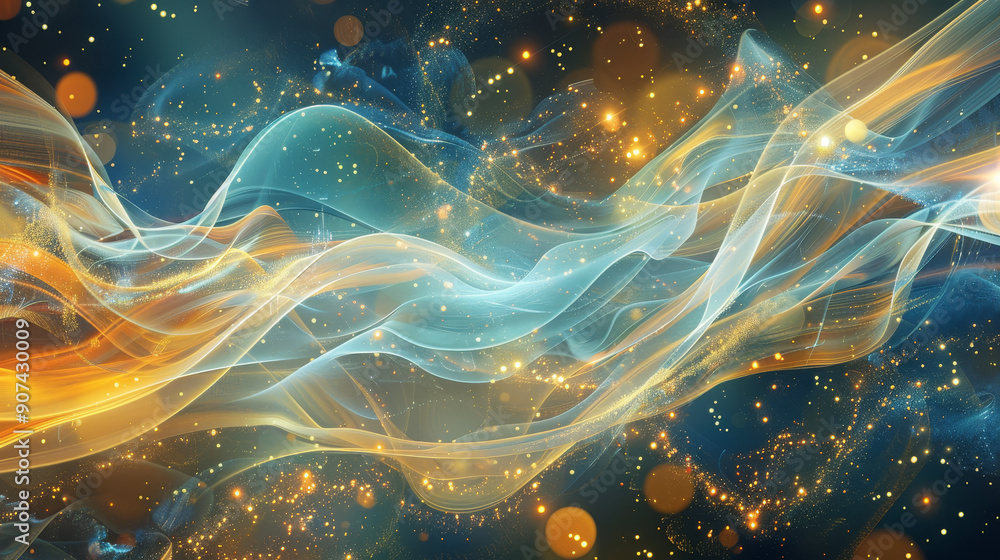 Quantum mechanics: Illustration of the wave-particle duality of matter and light, with abstract representations of quantum states and phenomena. Quantum mechanics: Illustration of the wave-particle duality of matter and light, with abstract representations of quantum states and phenomena.