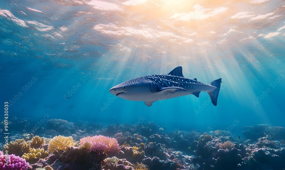 Fototapeta premium Whale Shark swimming over a tropical coral reef, Generative AI