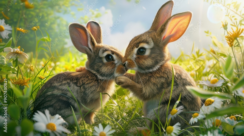 Fototapeta premium pair rabbits playing together sunny meadow