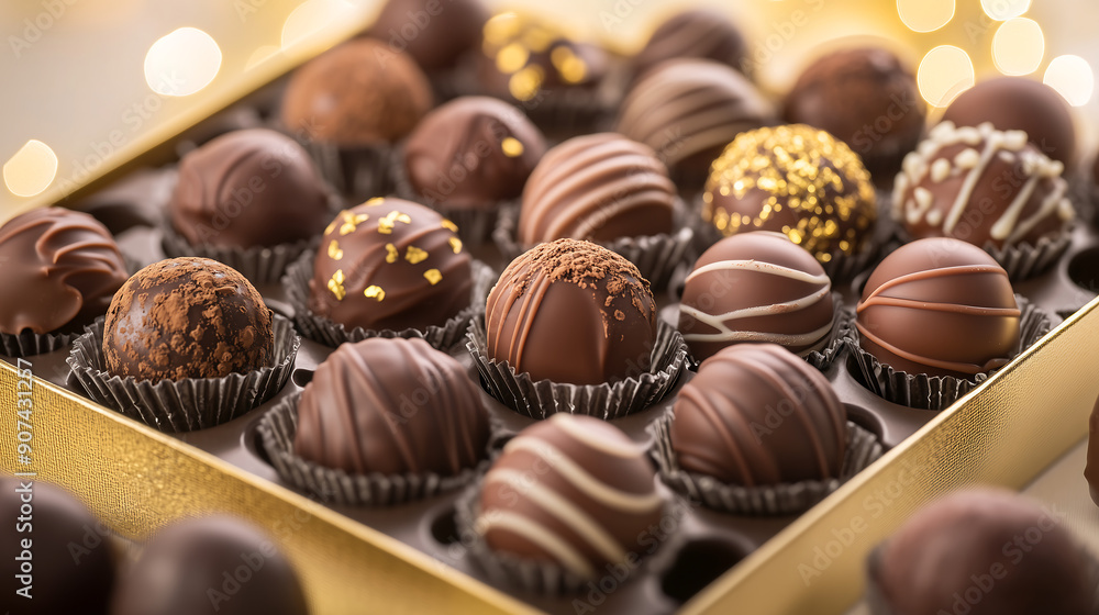 Elegant assortment of chocolate truffles arranged in a golden box featuring various toppings and designs luxurious and festive treat Elegant assortment of chocolate truffles arranged in a golden box featuring various toppings and designs luxurious and festive treat