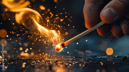 A macro shot capturing the moment a matchstick ignites, producing a vibrant flame and glowing sparks.
