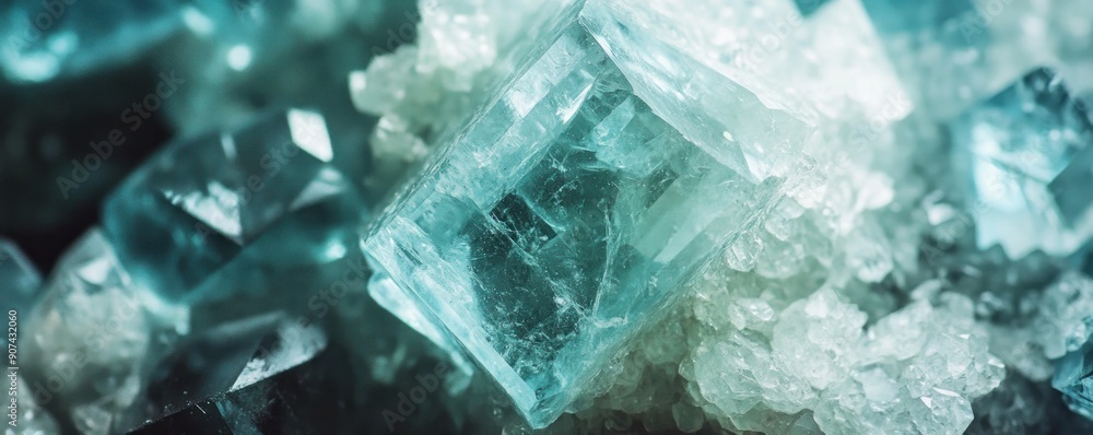 Close up shot detailed aquamarine crystal mineral stone. shiny surface of precious stone mineral crystals in the natural environment Close up shot detailed aquamarine crystal mineral stone. shiny surface of precious stone mineral crystals in the natural environment