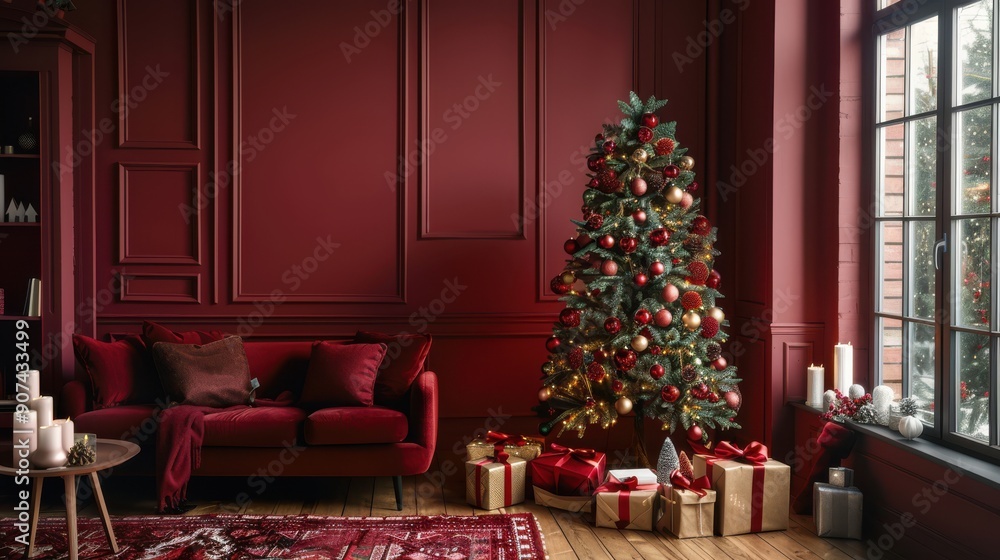 Rich holiday hues with a Christmas tree and gifts, ideal for a warm and festive look. Rich holiday hues with a Christmas tree and gifts, ideal for a warm and festive look.