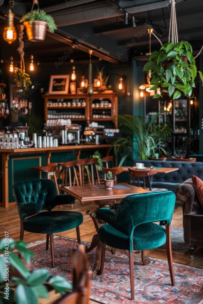 Obraz premium A cozy vintage café with a welcoming vibe, featuring antique furniture and friendly service.