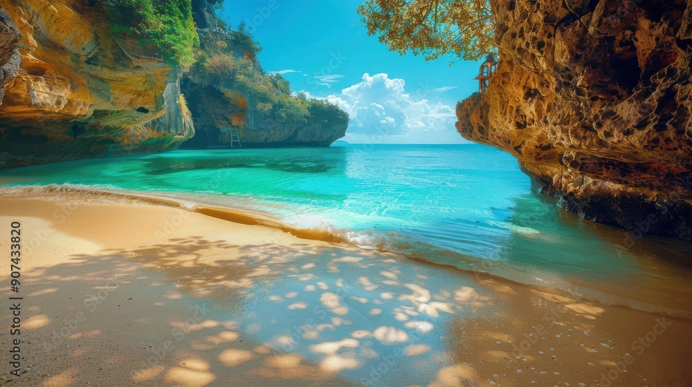 Fototapeta premium secluded beach cove with golden sand turquoise waters offering tranquil oasis solitude reflection