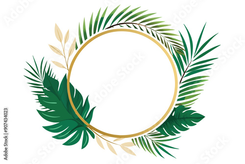 Golden Circle Frame with Tropical Palm Leaves