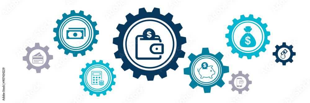 Money icons concept: connected cash / finance / payment symbols – vector illustration Money icons concept: connected cash / finance / payment symbols – vector illustration