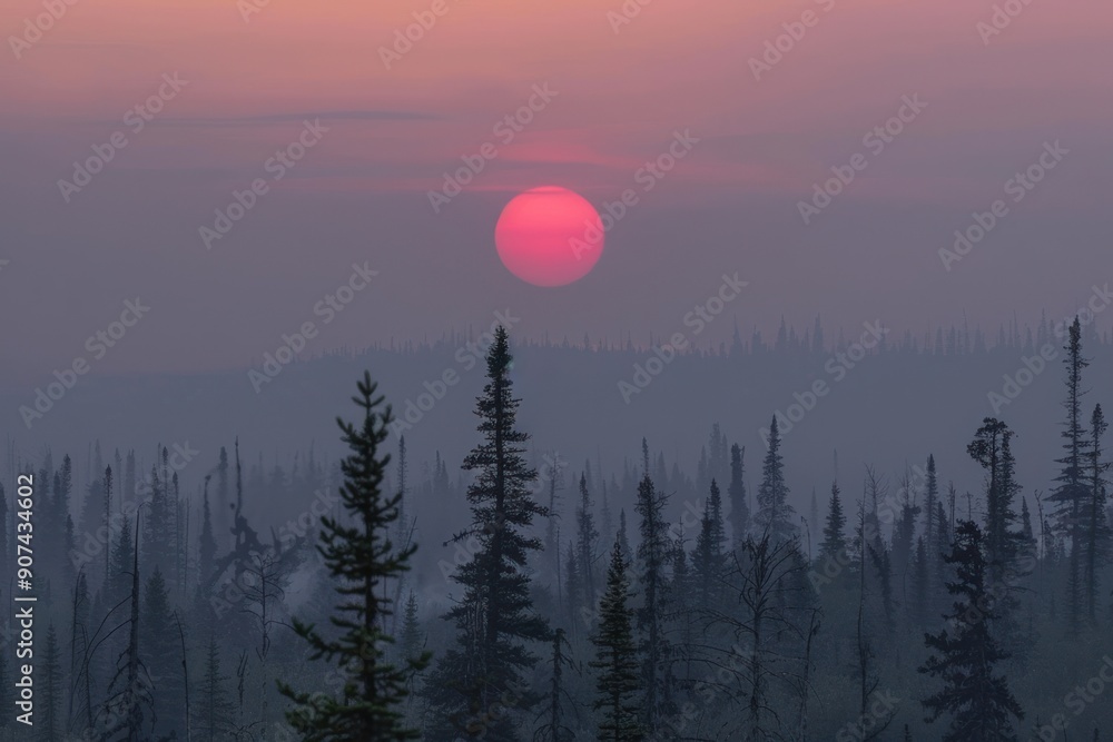 Sun Setting Over a Misty Forest Sun Setting Over a Misty Forest