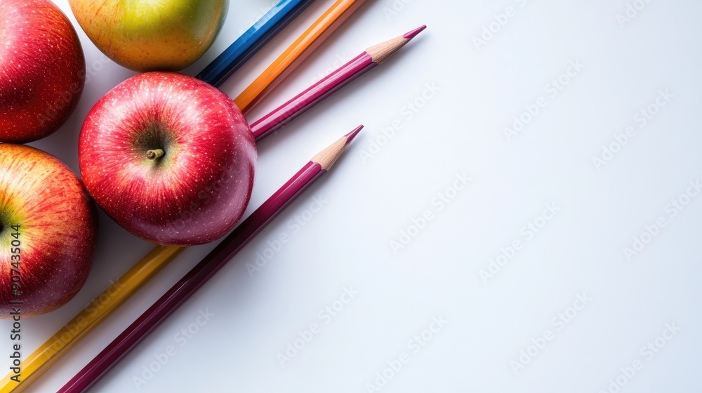 Naklejka premium Colorful Apples and Pencils on White Background Healthy Snacking and Creativity