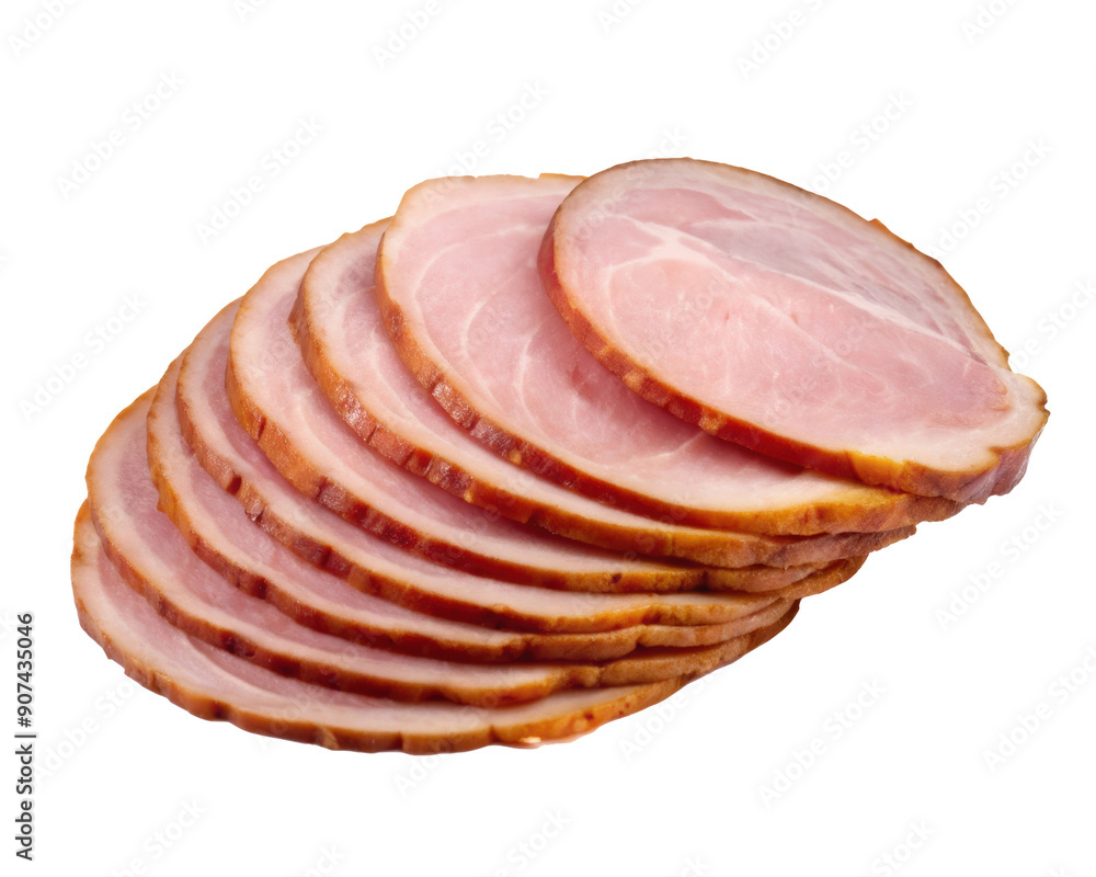 Stack of sliced ham showing layers of pink meat, ready for sandwiches or platters. Isolated on transparent background, png. Stack of sliced ham showing layers of pink meat, ready for sandwiches or platters. Isolated on transparent background, png.