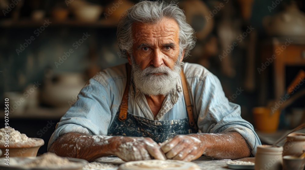 Elderly Male Potter Crafting in a Traditional Studio Setting Elderly Male Potter Crafting in a Traditional Studio Setting