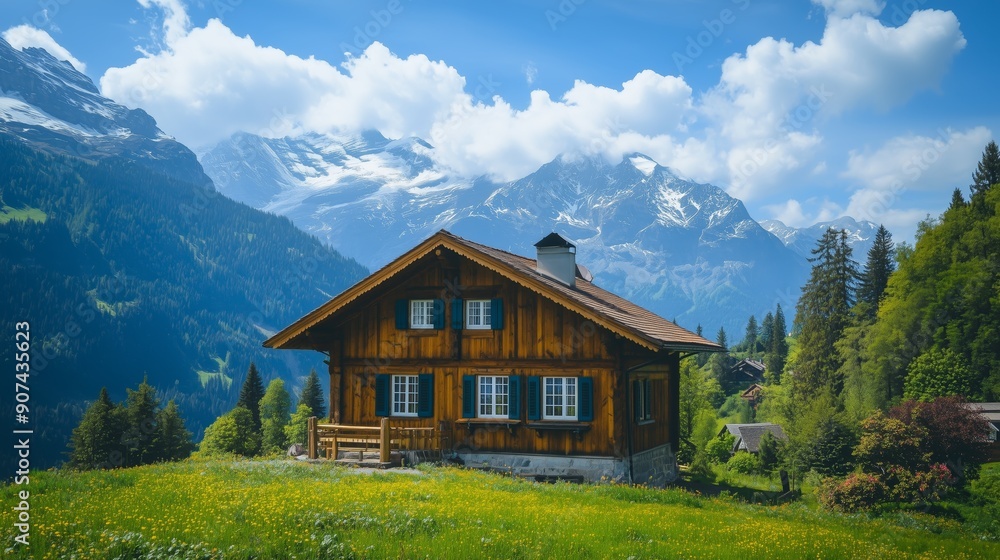 A quaint wooden cabin nestled in a lush valley with towering snow-capped mountains and a vibrant green meadow. A quaint wooden cabin nestled in a lush valley with towering snow-capped mountains and a vibrant green meadow.