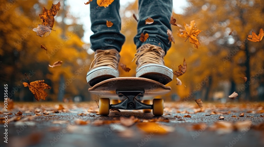 Skateboarding Through Autumn Leaves - Close-up of Skateboarder in Fall Season Park Skateboarding Through Autumn Leaves - Close-up of Skateboarder in Fall Season Park