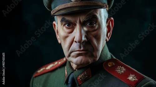 Close-up of a stern military officer in uniform, depicting authority and duty with intense expression. photo