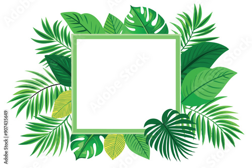 Green Tropical Leaves Frame with a Blank Square