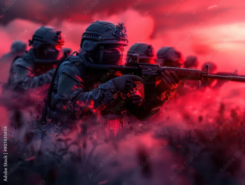 Tactical formation of soldiers preparing for a strategic assault, capturing military precision, Realism, Dark tones, Digital painting Tactical formation of soldiers preparing for a strategic assault, capturing military precision, Realism, Dark tones, Digital painting