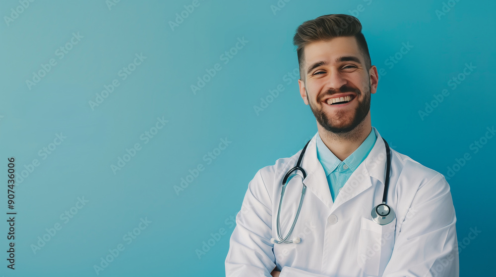 Smiling male doctor with stethoscope isolated on blue background Smiling male doctor with stethoscope isolated on blue background