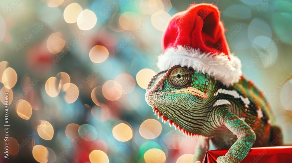 Festive Chameleon Wearing Santa Hat with Blurred Christmas Lights Perfect for Holiday Decor or Seasonal Greeting Cards Festive Chameleon Wearing Santa Hat with Blurred Christmas Lights Perfect for Holiday Decor or Seasonal Greeting Cards