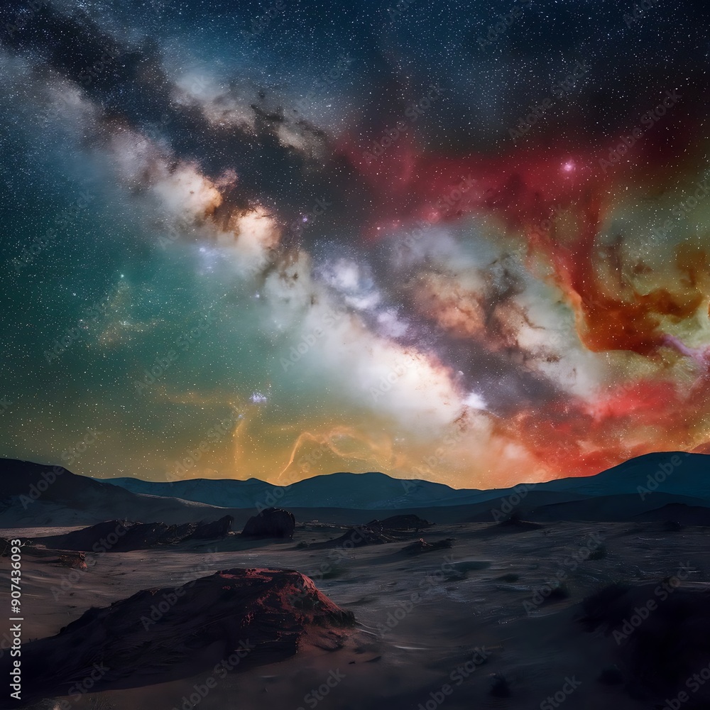 A breathtaking view of the Milky Way galaxy from the surface of a distant planet, with countless stars twinkling in the deep blackvoid, swirling nebulae in vibrant colors, and the distant glow A breathtaking view of the Milky Way galaxy from the surface of a distant planet, with countless stars twinkling in the deep blackvoid, swirling nebulae in vibrant colors, and the distant glow