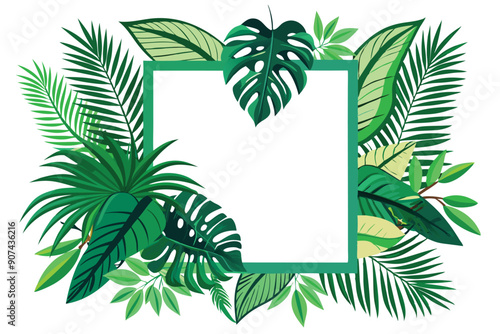 Tropical Green Leaves Frame with White Center