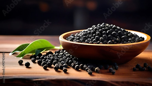 Black Pepper in Wooden Bowl on Wooden Table: Organic Spice Dry Peppercorns for Culinary and Kitchen Photography. photo