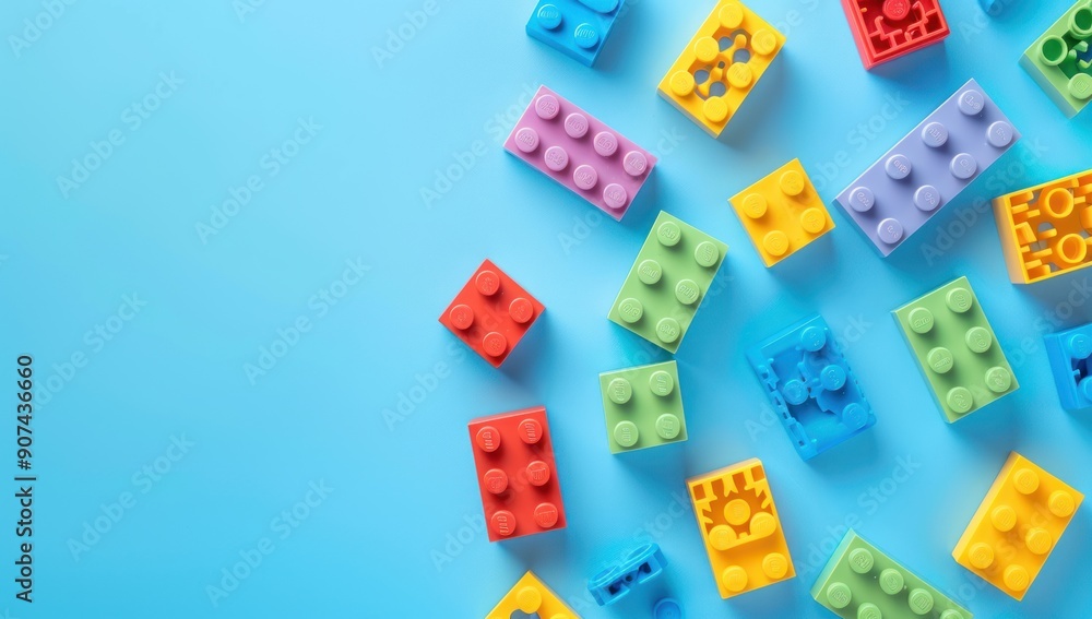 Obraz premium Colorful Plastic Building Blocks Scattered on a Blue Background