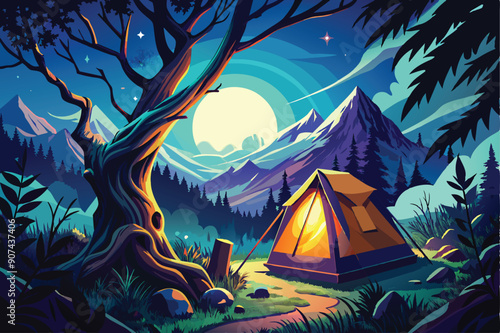 A Campsite Under a Full Moon in a Mountainous Forest