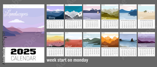 Abstract nature calendar for 2025 with flat minimal landscapes. Vertical A4 calendar by months, week starts on Monday. Greed calendar with places for notes.12 isolated month and cover on gray back.
