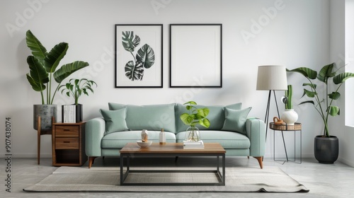 stylish interior design living room with modern mint sofa wooden console cube coffee table lamp plant