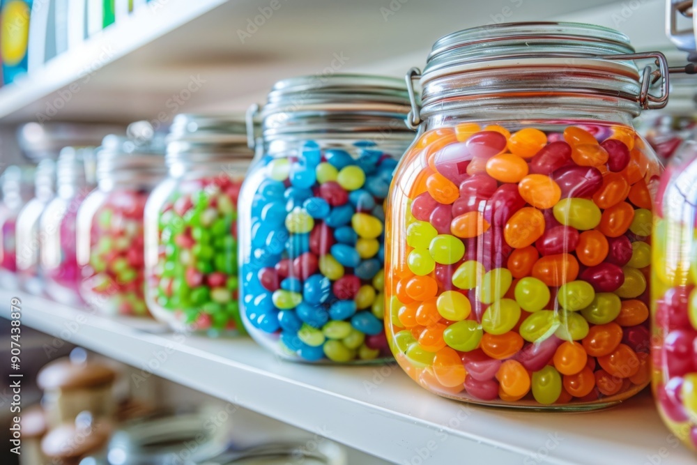 Colorful jelly beans in jars on a kitchen shelf, creating a vibrant and cheerful display, with the bright colors of the jelly beans contrasting against the simple, clean lines of the shelf Colorful jelly beans in jars on a kitchen shelf, creating a vibrant and cheerful display, with the bright colors of the jelly beans contrasting against the simple, clean lines of the shelf