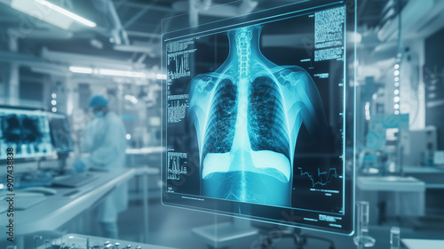 A highly detailed X-ray scan of a human chest, with AI algorithm annotations overlaying the image.