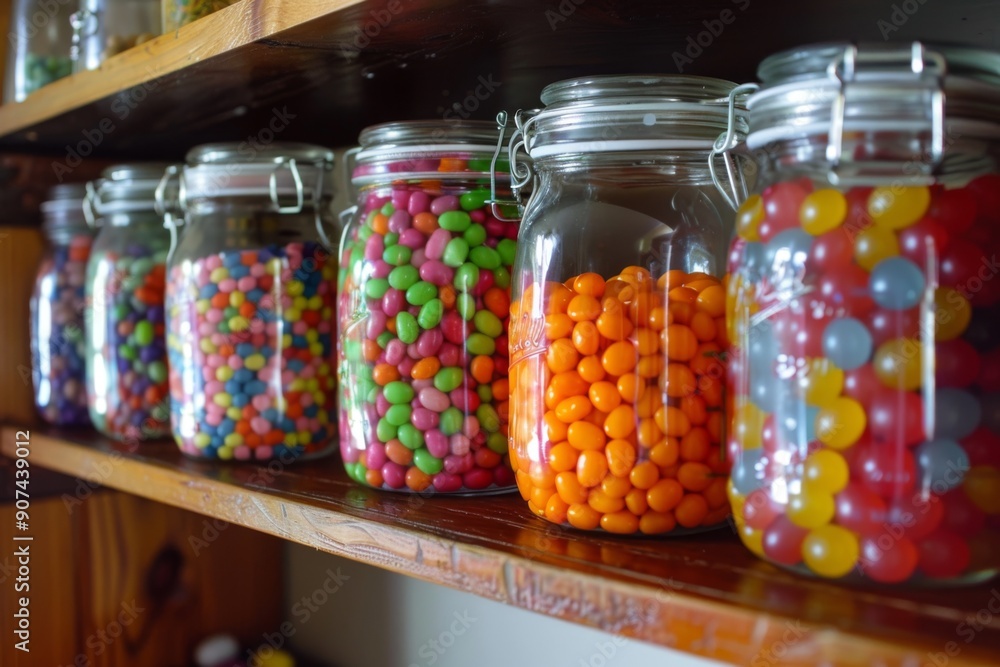 Colorful jelly beans in jars on a kitchen shelf, creating a vibrant and cheerful display, with the bright colors of the jelly beans contrasting against the simple, clean lines of the shelf Colorful jelly beans in jars on a kitchen shelf, creating a vibrant and cheerful display, with the bright colors of the jelly beans contrasting against the simple, clean lines of the shelf