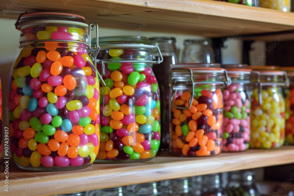 Colorful jelly beans in jars on a kitchen shelf, creating a vibrant and cheerful display, with the bright colors of the jelly beans contrasting against the simple, clean lines of the shelf Colorful jelly beans in jars on a kitchen shelf, creating a vibrant and cheerful display, with the bright colors of the jelly beans contrasting against the simple, clean lines of the shelf