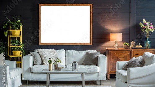 This stylish living room features a customizable art frame, white sofa, wooden sideboard, leafy plants, and chic lamp, creating a welcoming and trendy spring decor.