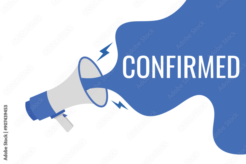 Confirmed button, banner, label, template for website. Confirmed text with colorful megaphone icon Confirmed button, banner, label, template for website. Confirmed text with colorful megaphone icon