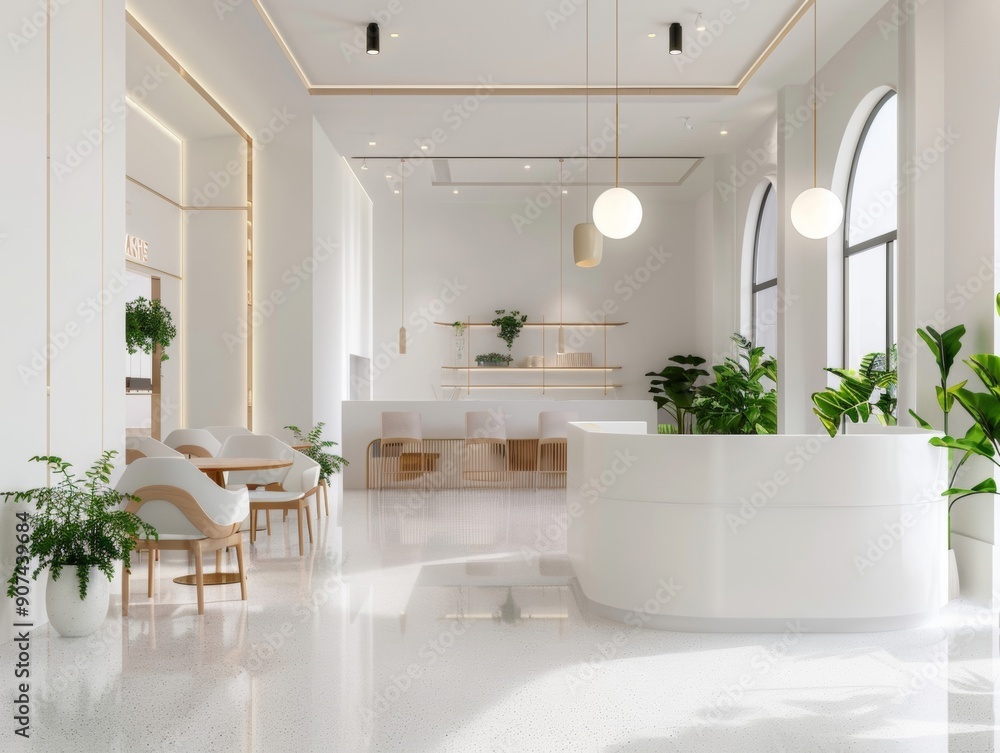 Fototapeta premium A modern minimalist café featuring quick service, clean lines, and a calm setting with streamlined design.