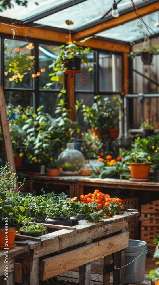 Obraz premium Greenhouse with potted plants and wooden table.