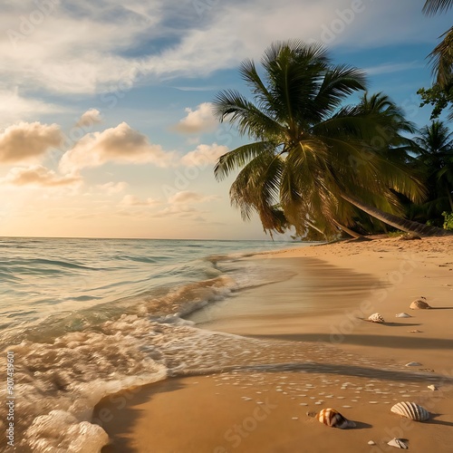 A serene tropical beach at sunrise, with soft pastel colors painting the sky, gentle waves lapping at the shore, palm trees swaying inthe light morning breeze, and seashells photo