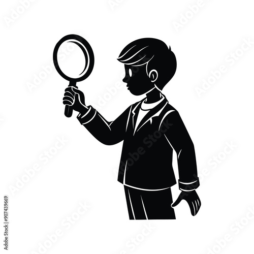 silhouette boy holding magnifying glass
